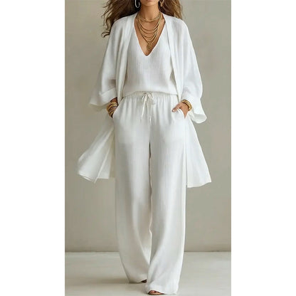 Conjunto elegante de calça pantalona e cardigã