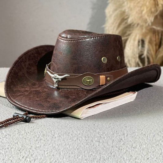 Chapéu de cowboy vintage de aba larga com alça.