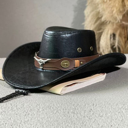 Chapéu de cowboy vintage de aba larga com alça.