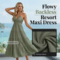 Vestido longo feminino com decote halter, costas nuas e camadas.