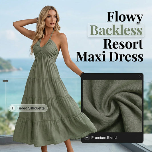Vestido longo feminino com decote halter, costas nuas e camadas.