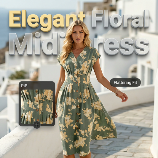✨ Item indispensável para a primavera/verão! Vestido midi floral com decote em V e botões frontais - Elegante e chique! ✨