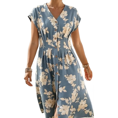 ✨ Item indispensável para a primavera/verão! Vestido midi floral com decote em V e botões frontais - Elegante e chique! ✨