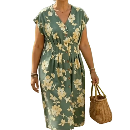 ✨ Item indispensável para a primavera/verão! Vestido midi floral com decote em V e botões frontais - Elegante e chique! ✨
