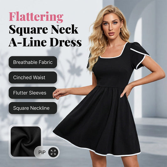Vestido feminino de corte A com decote quadrado