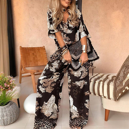 🌸50% de desconto por tempo limitado ✨ Blusa estampada com decote em V + calça comprida – Estilo elegante e leve para o verão