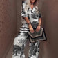 🌸50% de desconto por tempo limitado ✨ Blusa estampada com decote em V + calça comprida – Estilo elegante e leve para o verão