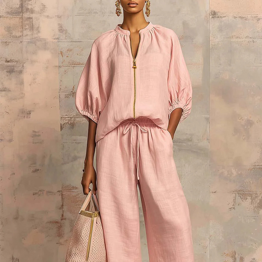 Conjunto de agasalho casual feminino de duas peças em cor sólida
