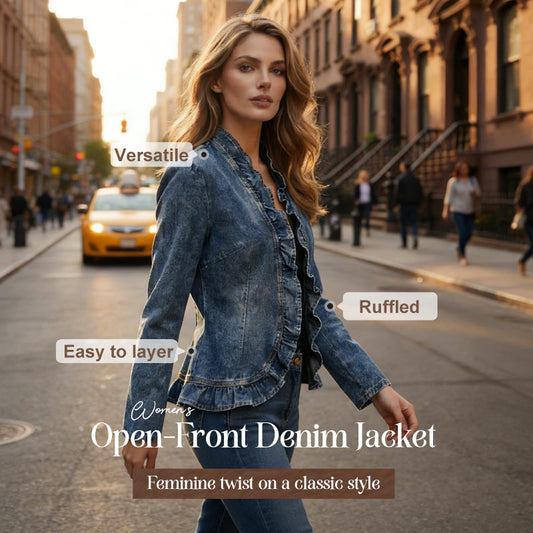 🧥 50% DE DESCONTO AGORA! 🌸 Jaqueta jeans feminina com babados e abertura frontal – Leve, feminina e versátil – chique para qualquer look 👗