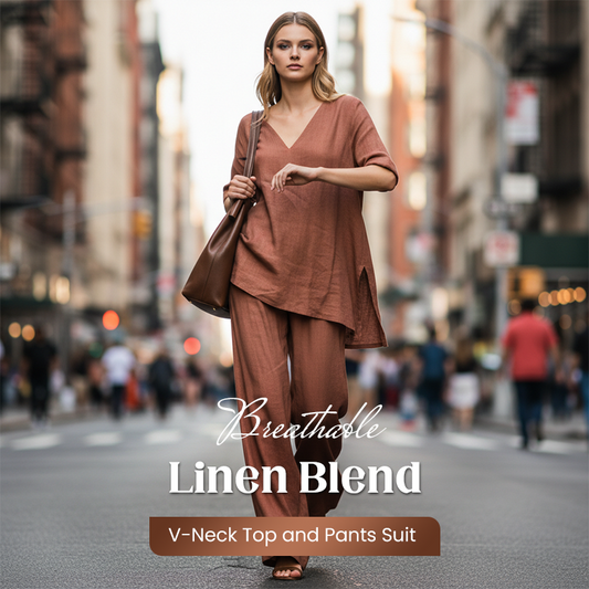 Conjunto de blusa e calça com decote em V em mistura de linho respirável