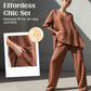 Conjunto de blusa e calça com decote em V em mistura de linho respirável