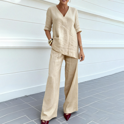 Conjunto de blusa e calça com decote em V em mistura de linho respirável