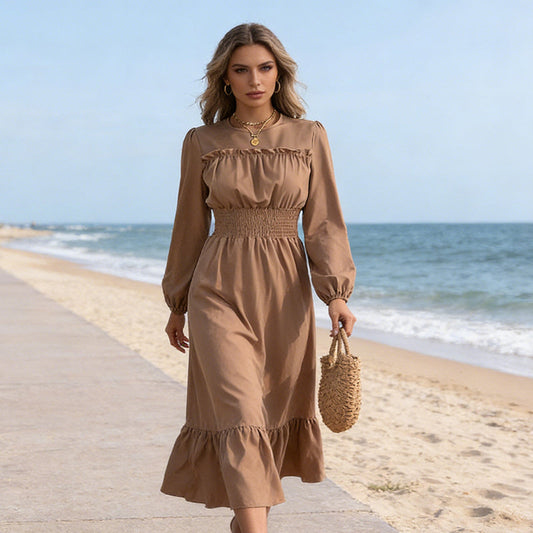 Vestido longo feminino de manga comprida com babados e franzidos