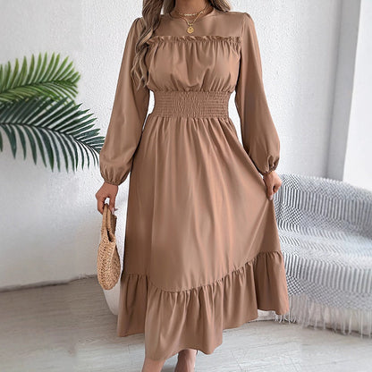 Vestido longo feminino de manga comprida com babados e franzidos