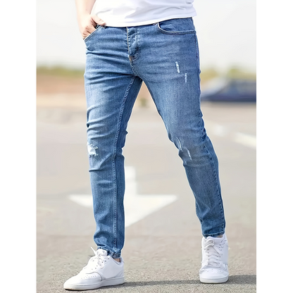 Calça jeans skinny masculina rasgada e elástica