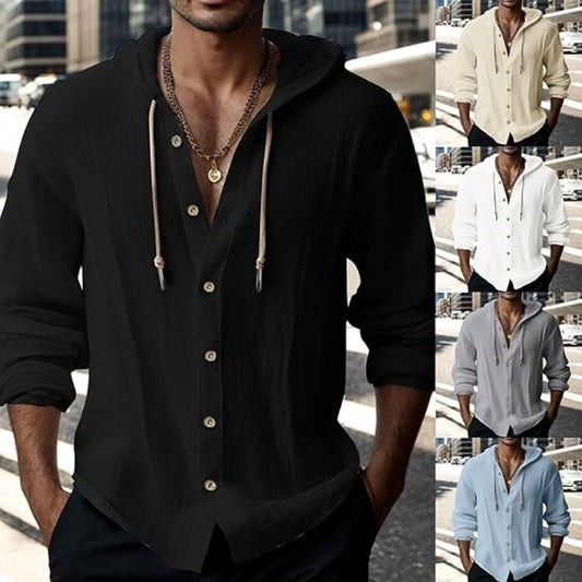 💎 50% DE DESCONTO EM MOLETOM MASCULINO! 💎 Blusa casual de manga comprida em cor sólida – Fechamento frontal com botões, capuz com cordão e tecido respirável.