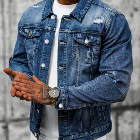 Jaqueta jeans masculina casual com lavagem vintage e efeito desgastado