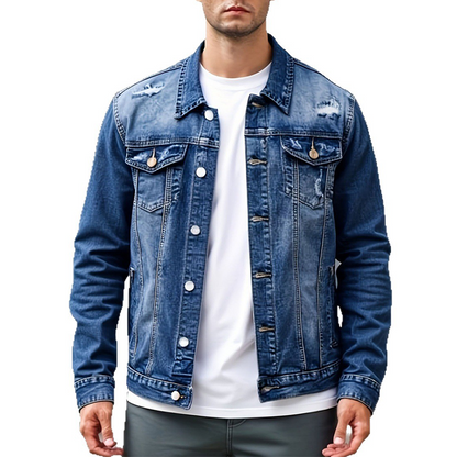 Jaqueta jeans masculina casual com lavagem vintage e efeito desgastado