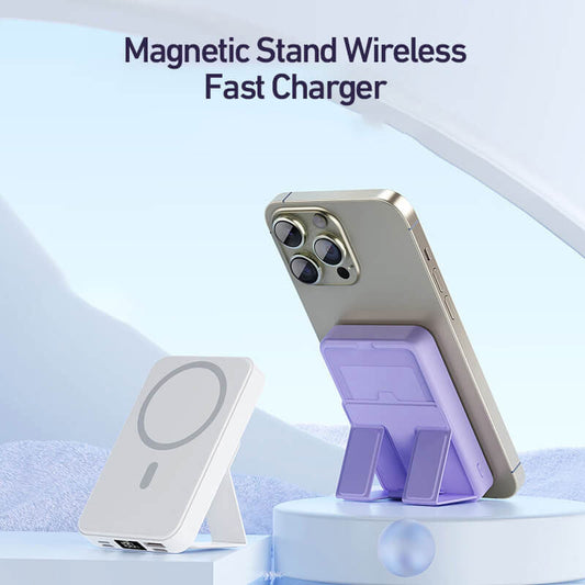 Carregador portátil magnético sem fio de 22,5 W e 10.000 mAh com suporte.