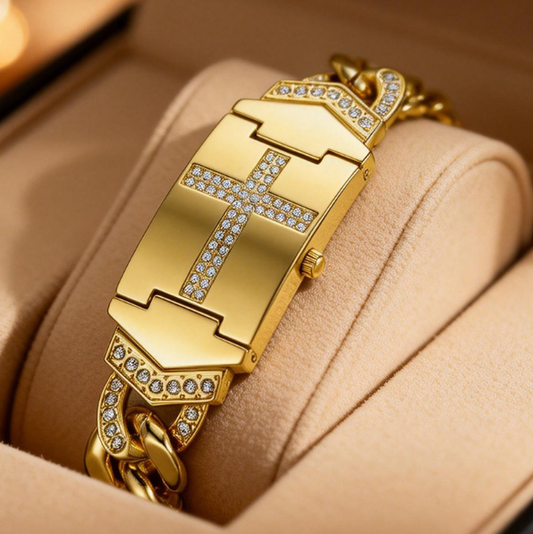 ⌚ 50% DE DESCONTO AGORA! 💎 Relógio Cruz de Cristal Elegante – Mostrador Retangular Geométrico e Pulseira de Metal Premium ✨