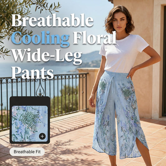 Calças femininas de cintura alta e pernas largas com estampa floral.