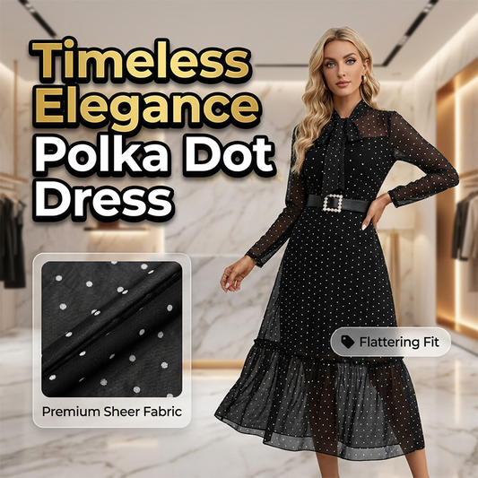 Vestido midi elegante com estampa de bolinhas e laço no pescoço