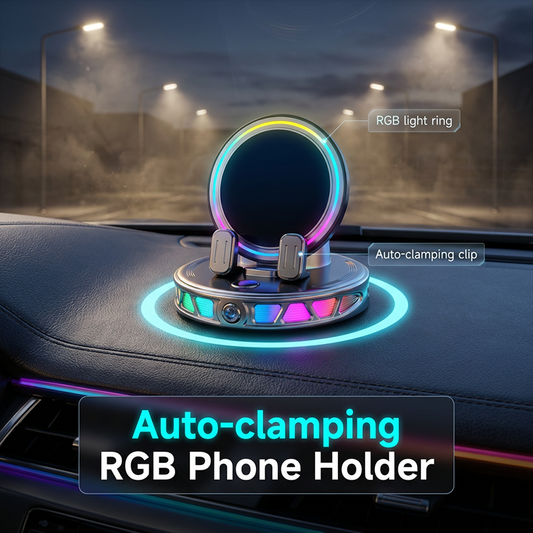 Suporte elétrico RGB para celular no carro com carregamento sem fio.
