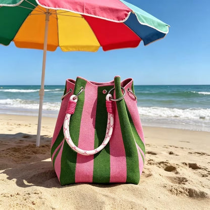 🏆🌴 PROMOÇÃO LIMITADA -50%! Bolsa de ombro listrada boêmia em tricô – Tecida à mão, verão/praia, mais de 8 cores, 17×16×23 cm