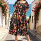 ⏰Promoção de Verão com 50% de desconto💃Vestido midi floral com decote quadrado e bolsos
