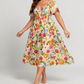 ⏰Promoção de Verão com 50% de desconto💃Vestido midi floral com decote quadrado e bolsos